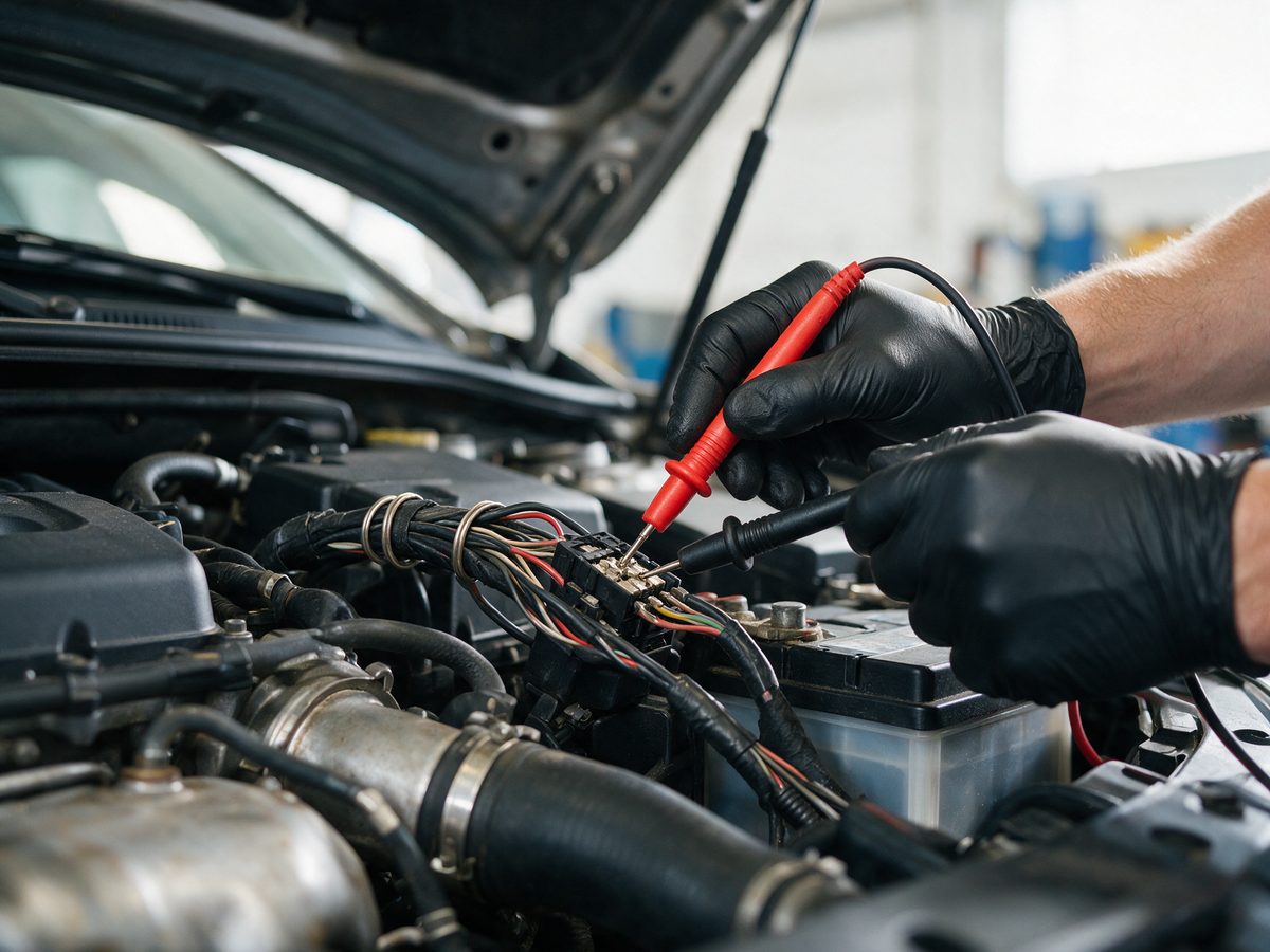 Electrician auto masurand tensiunea pe cablajul de sub capota
