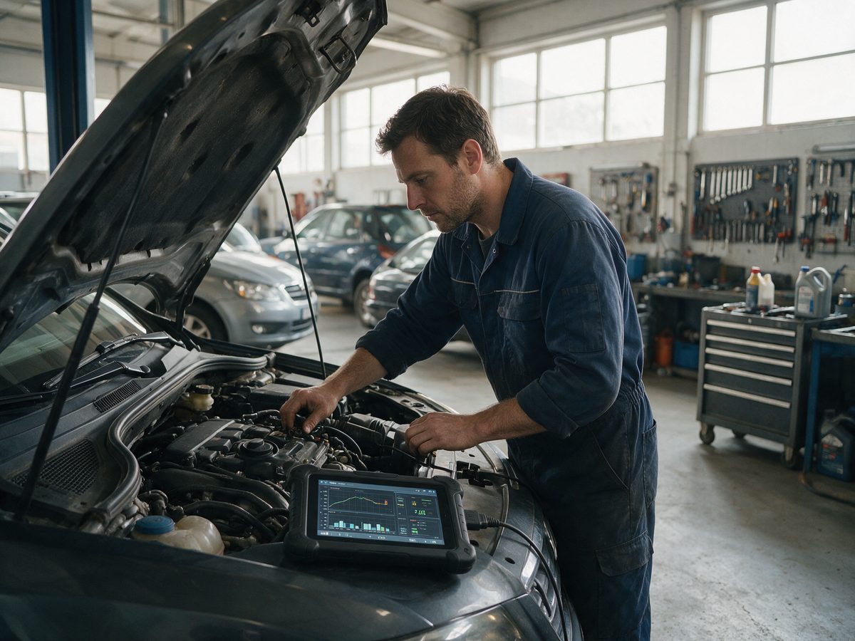 Mecanic electrician auto Constanta 1 Mecanic lucrand la motor langa un tester de diagnoza conectat